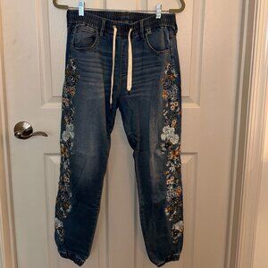 DRIFTWOOD x Free People Embroidered Denim Joggers (XL)
